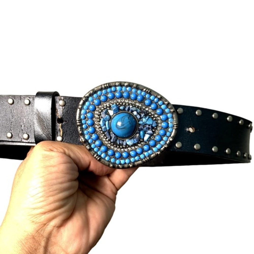 Boho Silver & Blue Studded Turquoise stone Belt on bonded leather Sz L